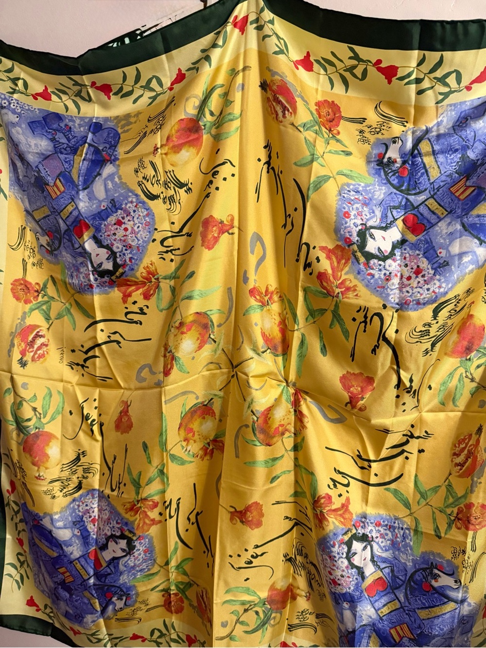 Yellow Floral & Geisha Print Silk-Feel Scarf